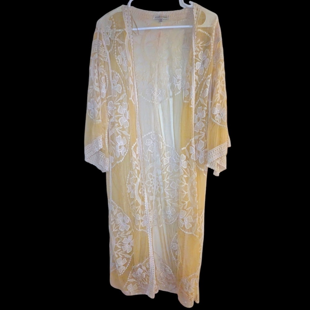 Woven Heart Yellow Kimono With Floral Embroidered Detail Size Medium